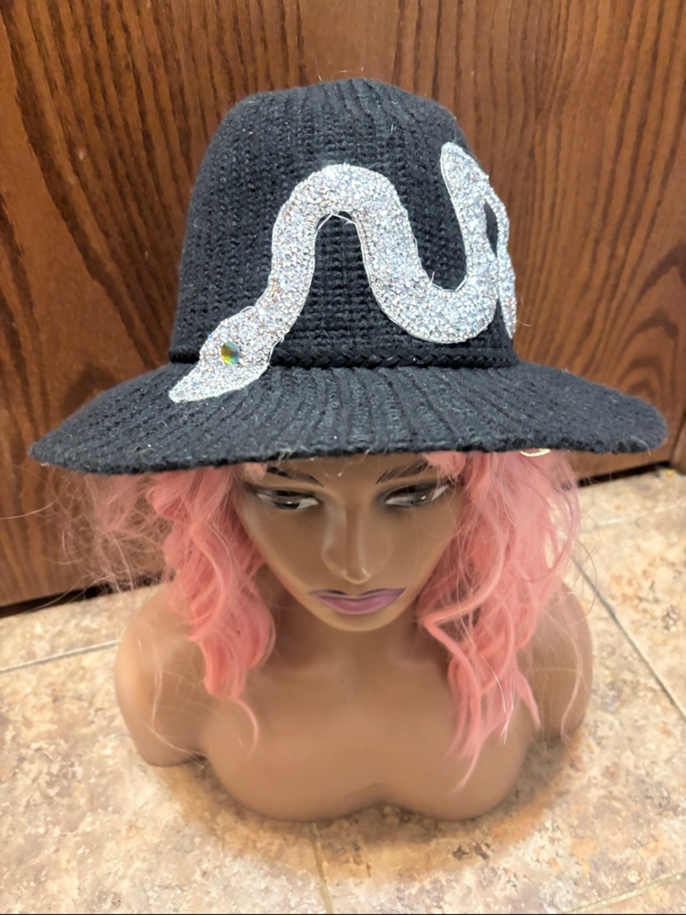 No Boundaries Black Knit Wide-Brim Hat with Silver Sequin Snake Applique